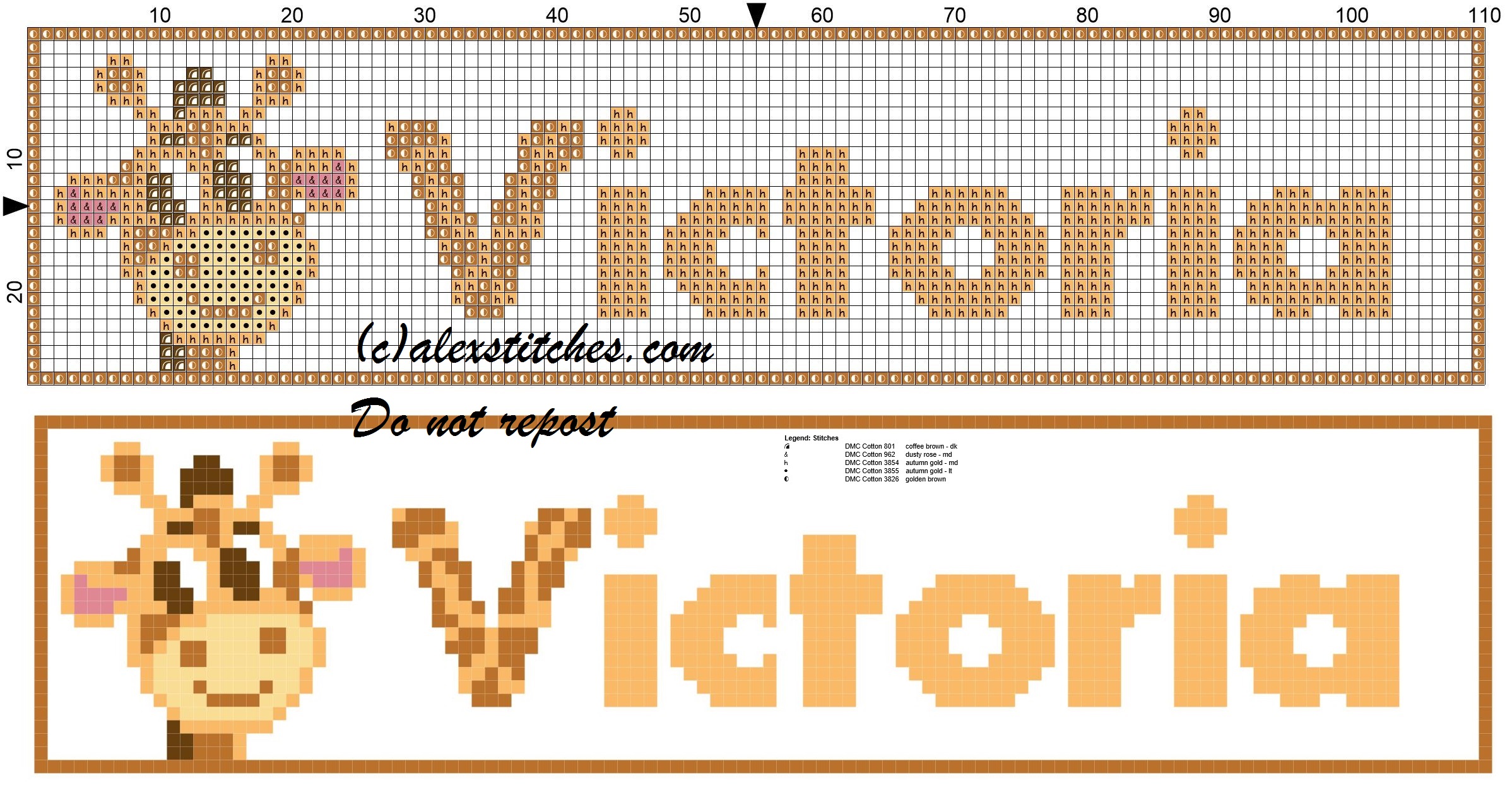 Victoria name with giraffe cross stitch pattern