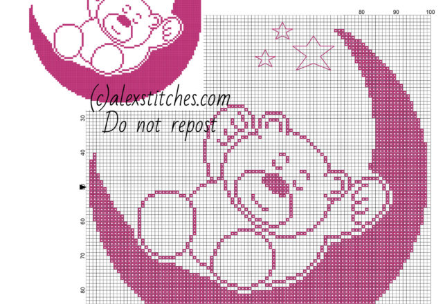 Violet teddy bear on the Moon simple monochrome cross stitch pattern