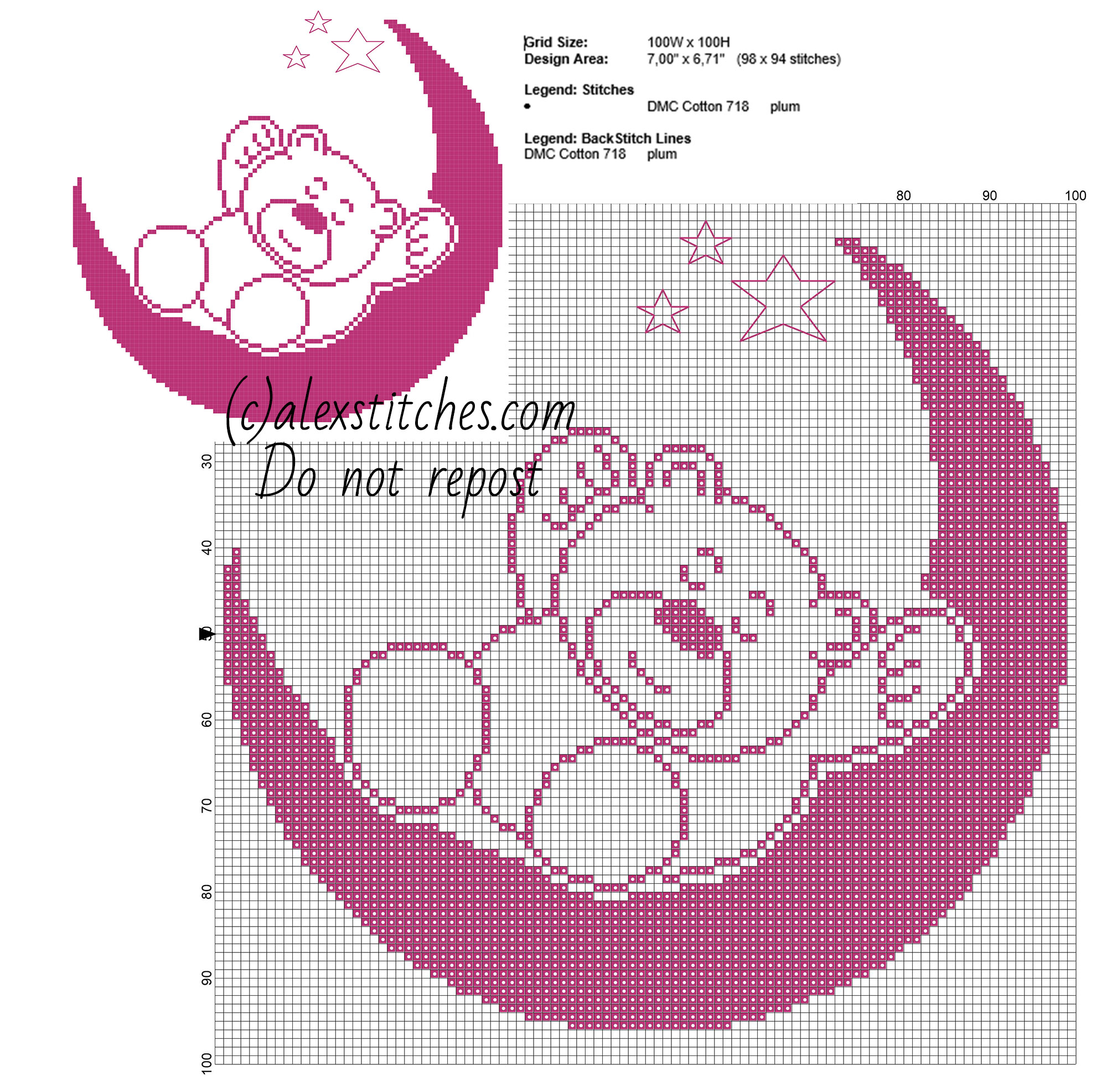 Violet teddy bear on the Moon simple monochrome cross stitch pattern