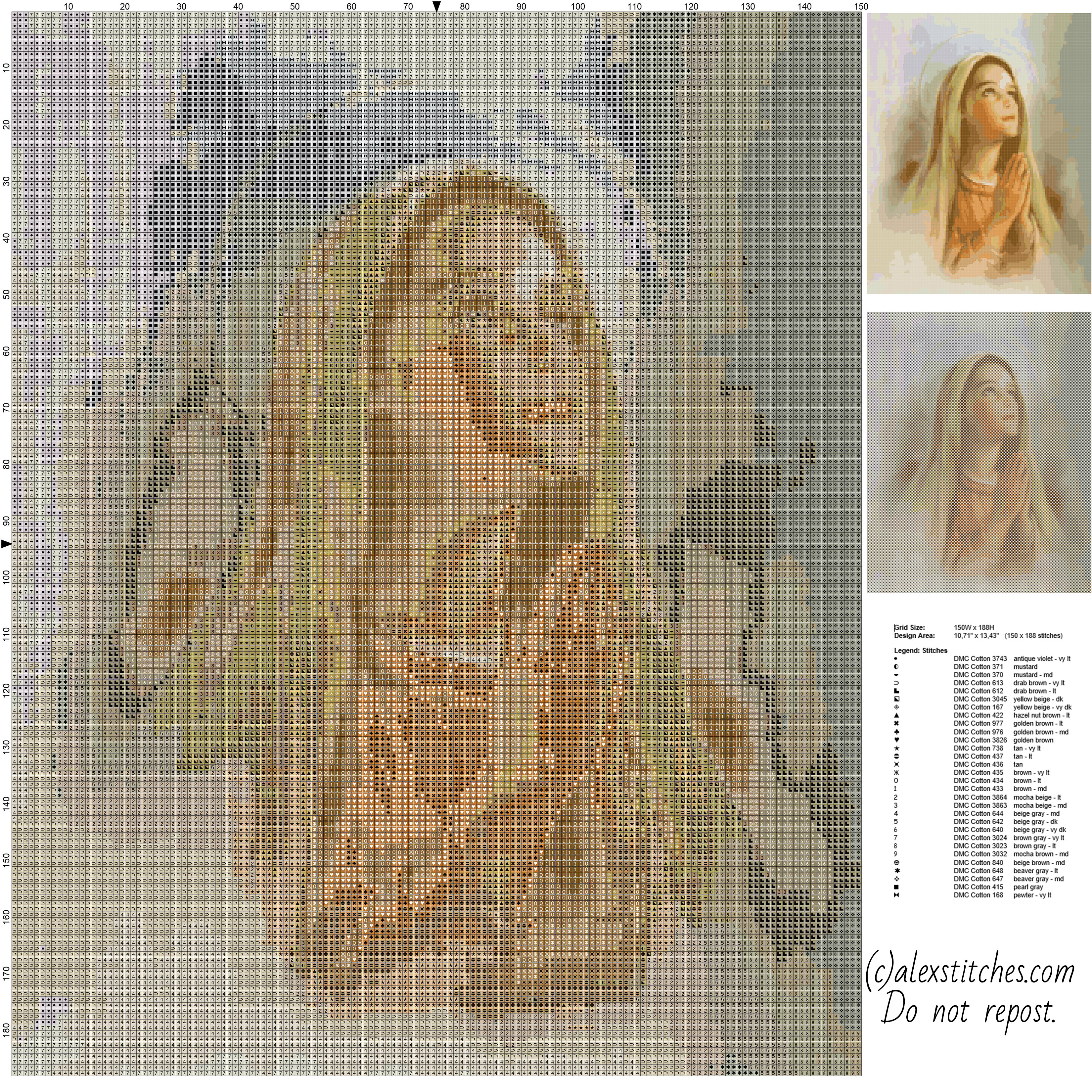 Virgin Mary praying religious and free cross stitch pattern