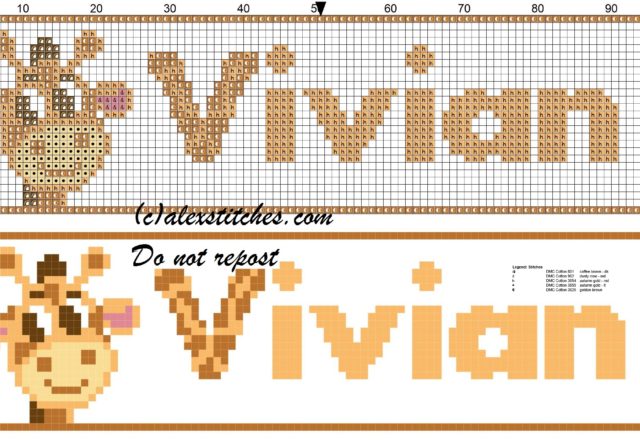 Vivian name with giraffe cross stitch pattern