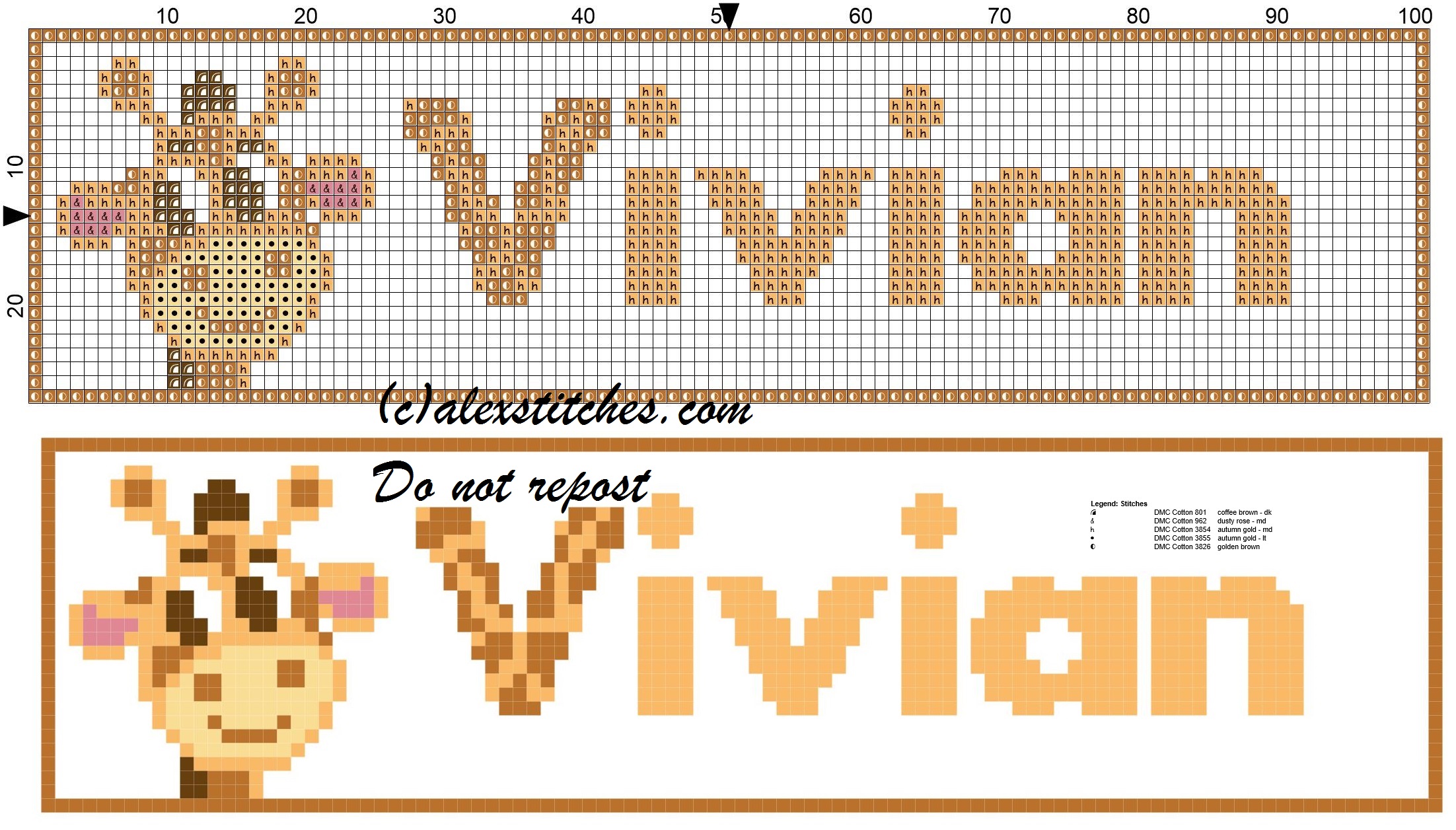 Vivian name with giraffe cross stitch pattern
