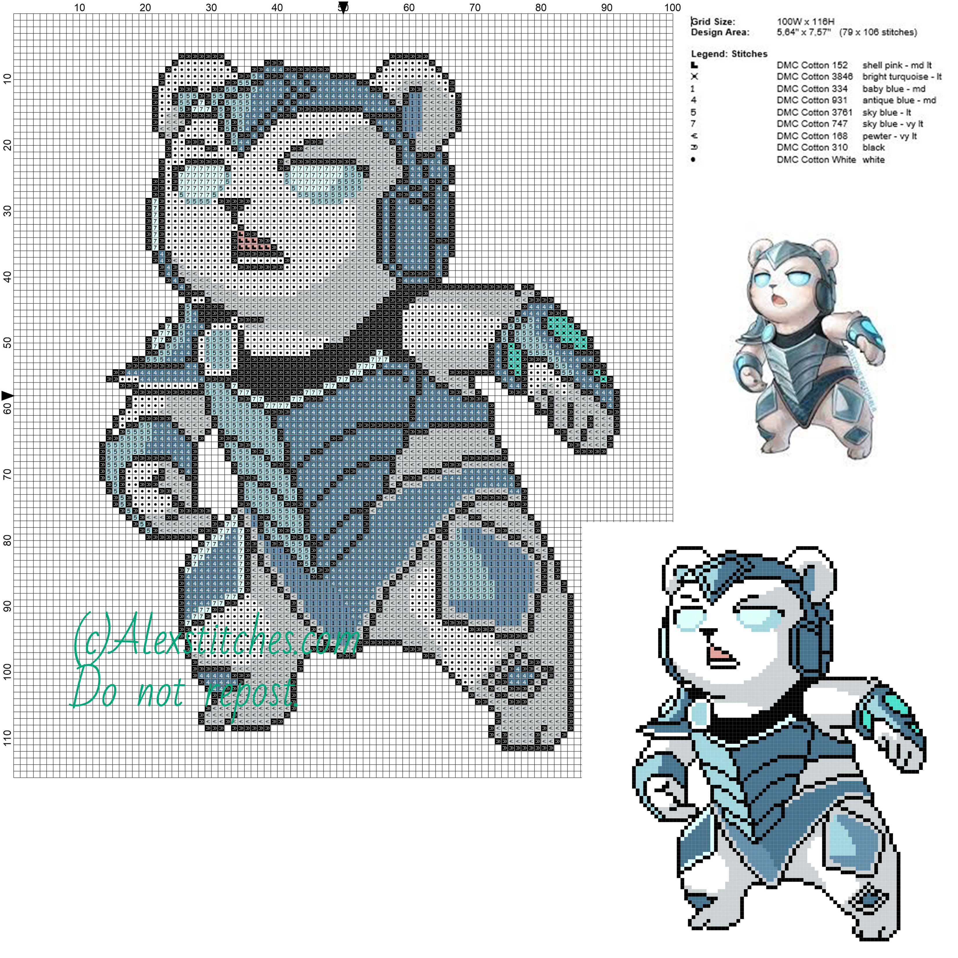 Volibear (League of Legends) free cross stitch pattern 100x116 9 colors