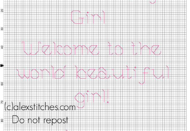 Welcome Baby Girl pink back stitch cross stitch text for birth records