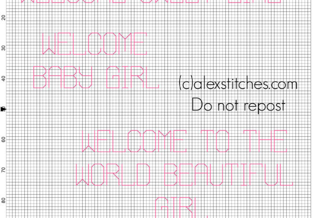 Welcome sweet baby girl cross stitch pink text for birth records