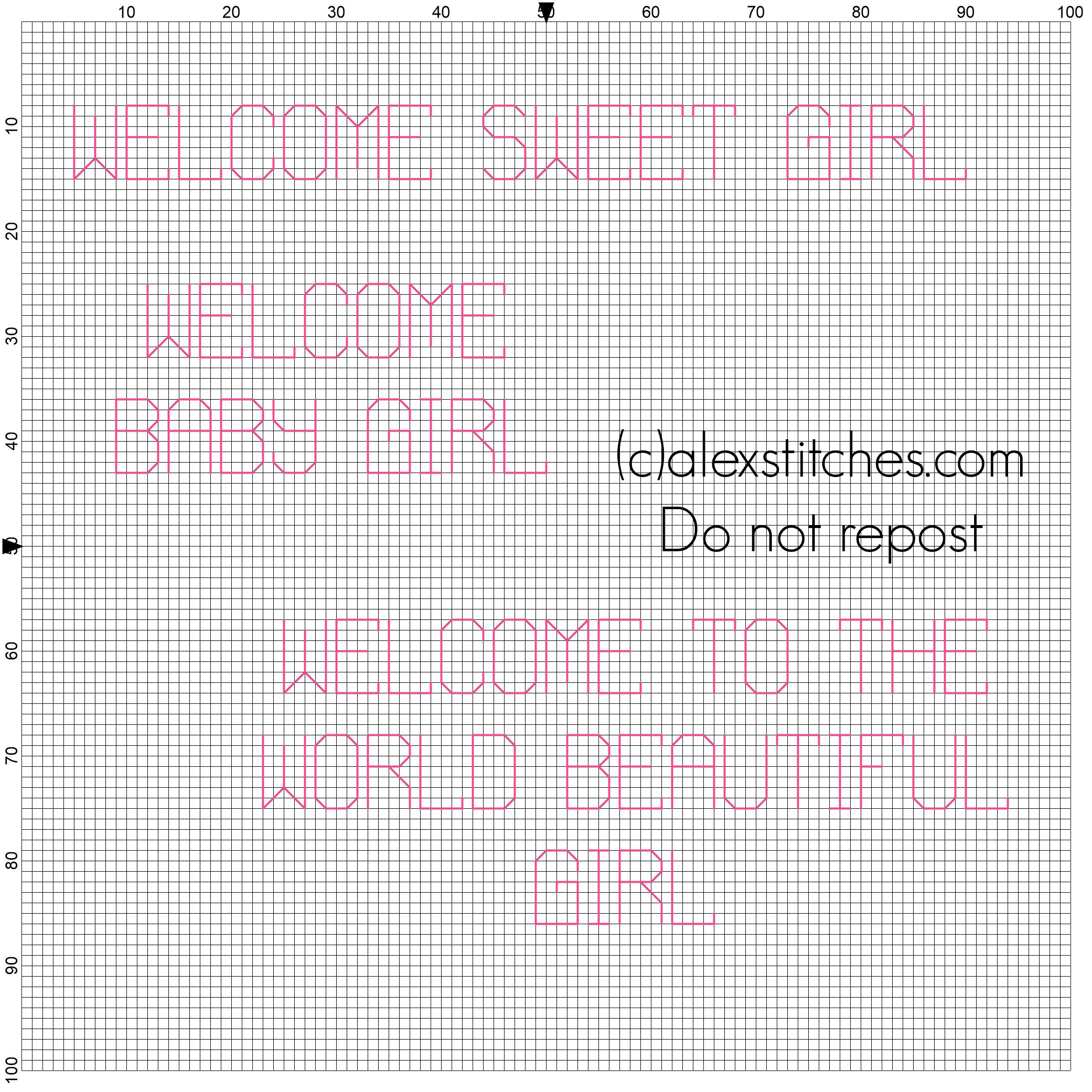 Welcome sweet baby girl cross stitch pink text for birth records