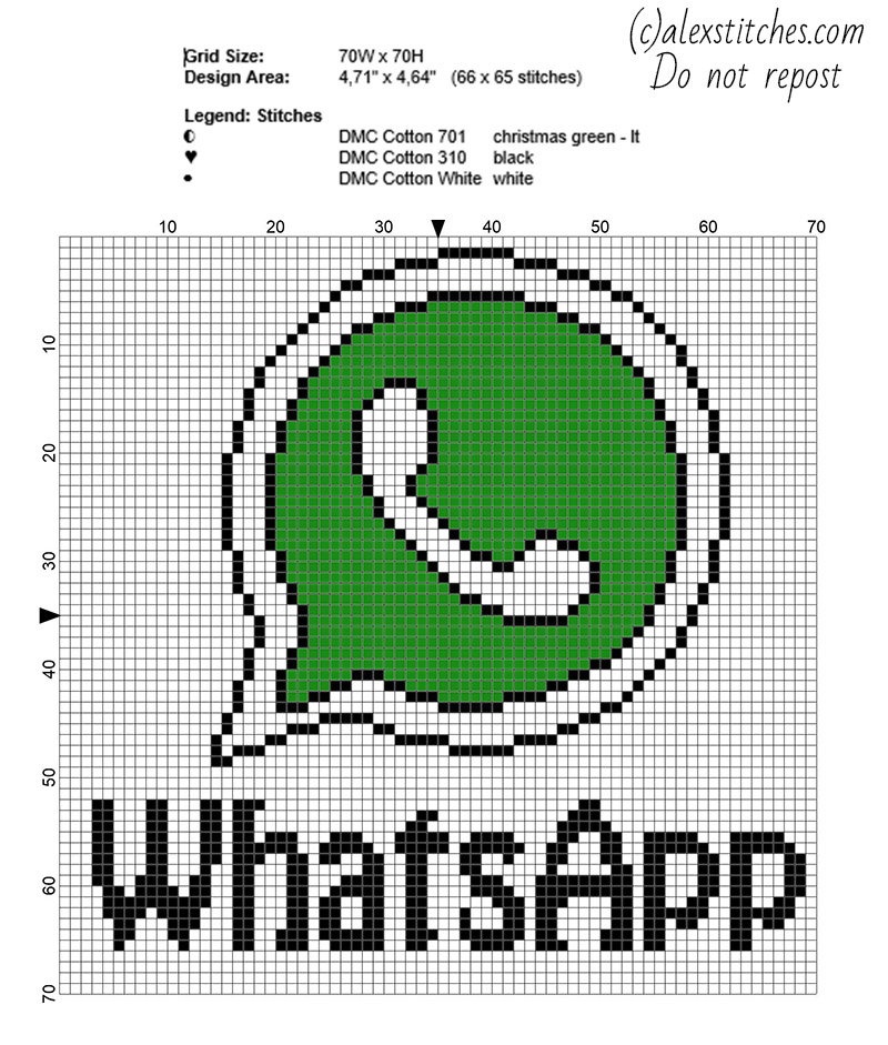 WhatsApp logo free cross stitch pattern 66 x 65 stitches 3 DMC threads