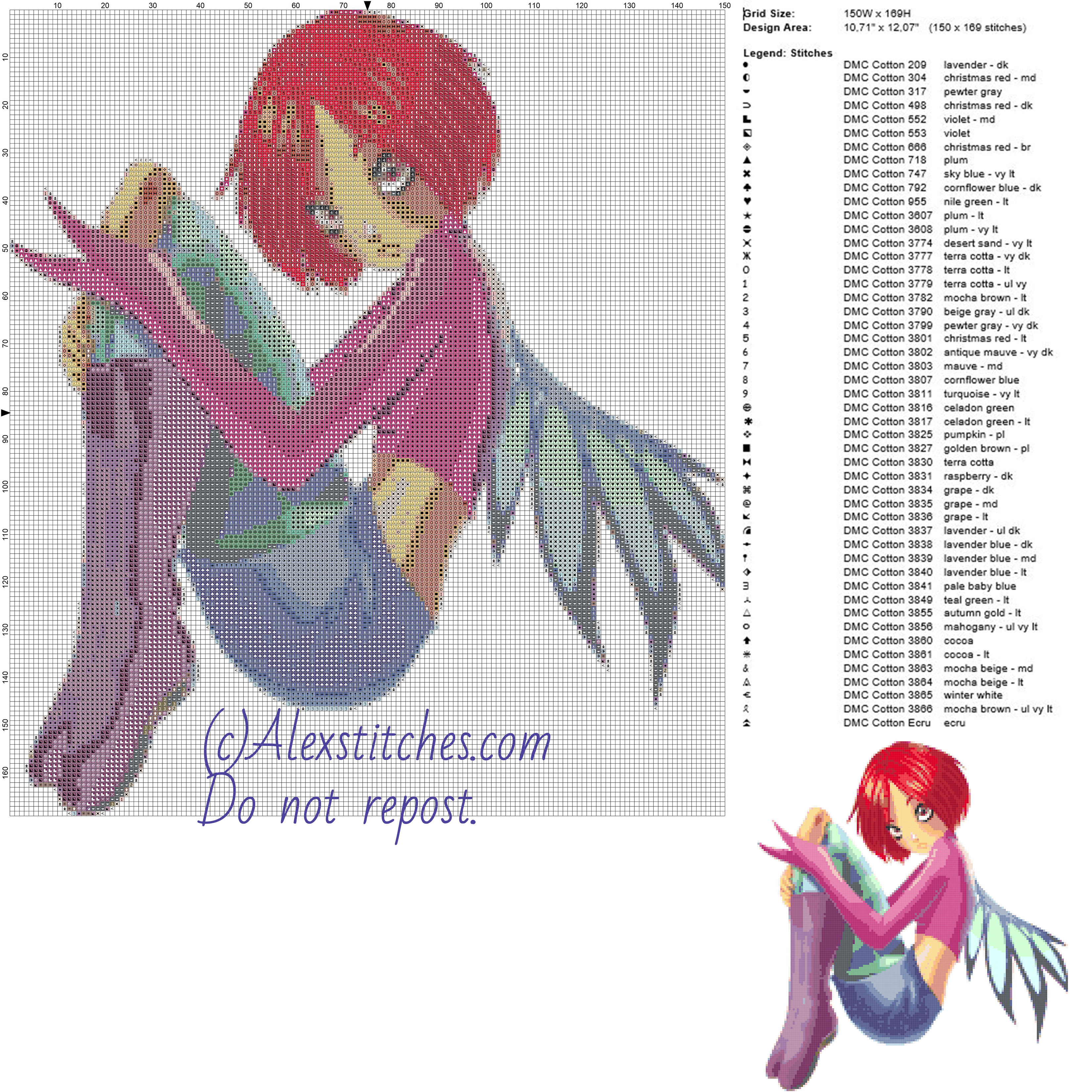 Will Witch free cross stitch pattern 150x169 50 colors