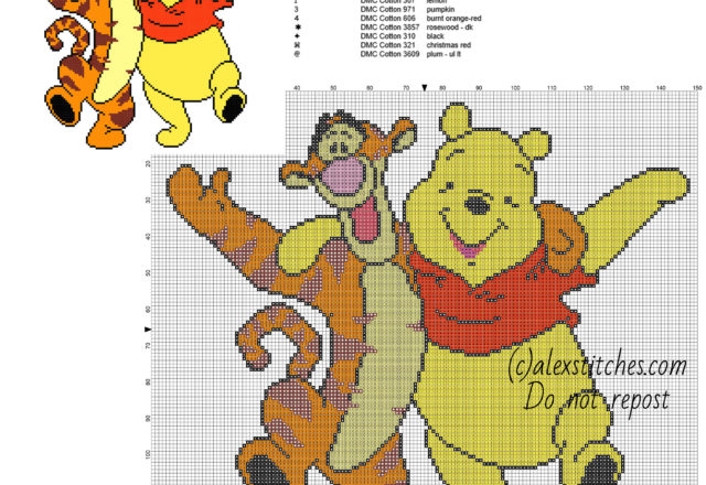 Winnie The Pooh and Tigger friends free cross stitch pattern 144 x 126 stitches 9 DMC threads