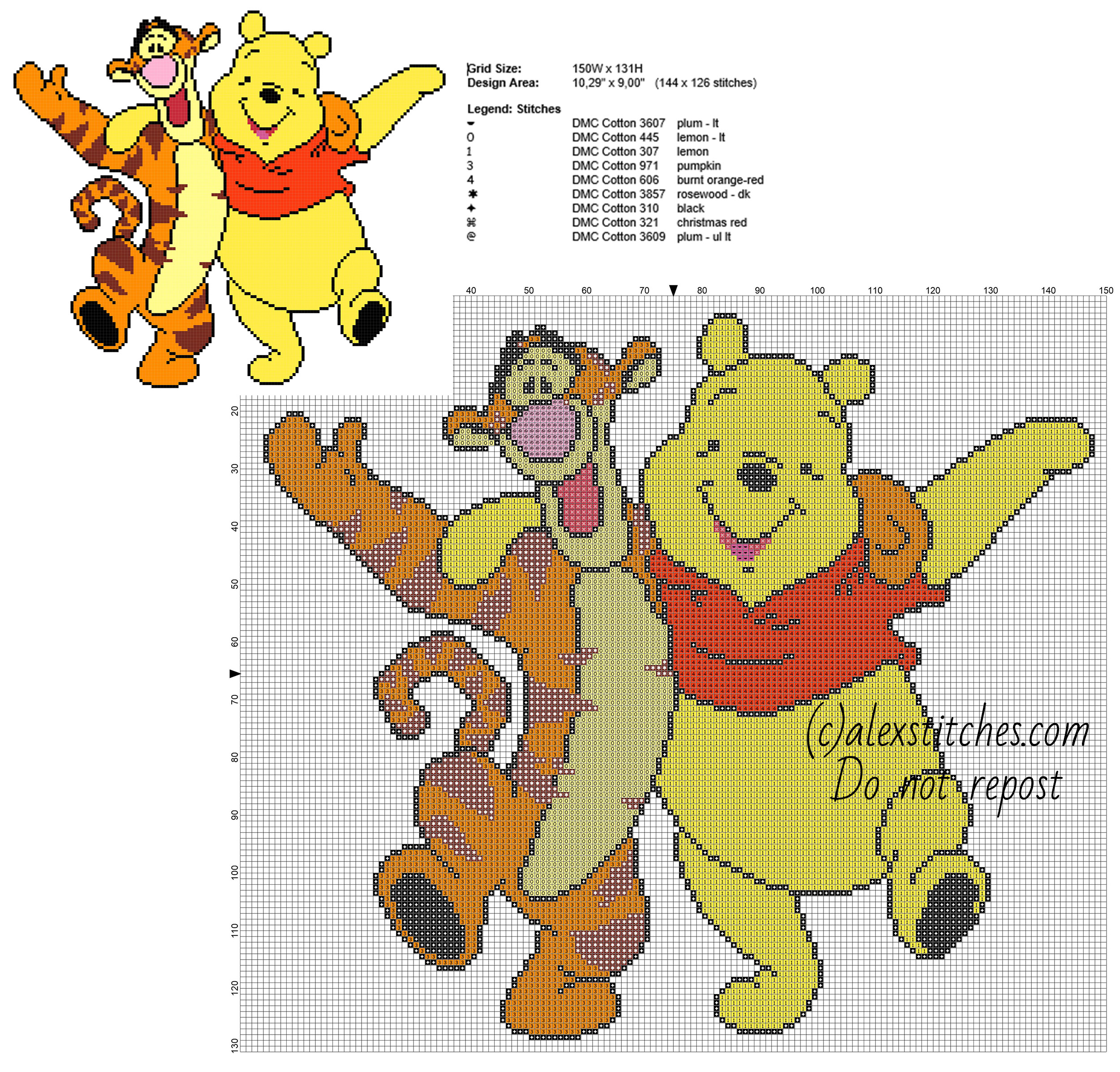 Winnie The Pooh and Tigger friends free cross stitch pattern 144 x 126 stitches 9 DMC threads