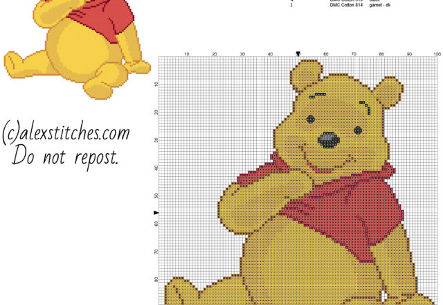 Winnie The Pooh sitting free cross stitch pattern size 97 x 110 stitches and 7 dmc threads