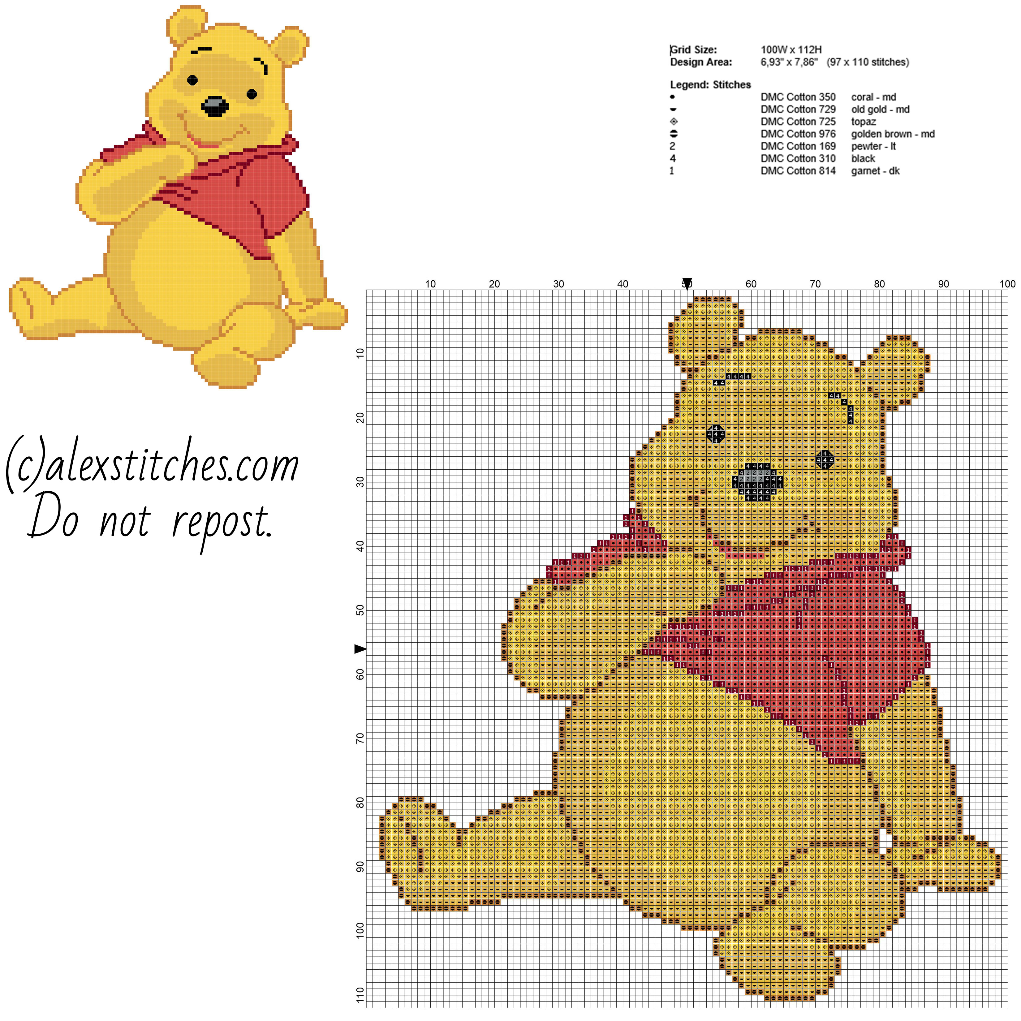 Winnie The Pooh sitting free cross stitch pattern size 97 x 110 stitches and 7 dmc threads
