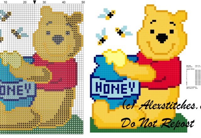 Winnie The Pooh sitting with jar of honey and bees cross stich pattern