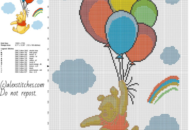 Winnie The Pooh with colored balloons free cross stitch pattern baby blanket idea 122 x 168 stitches 12 DMC threads