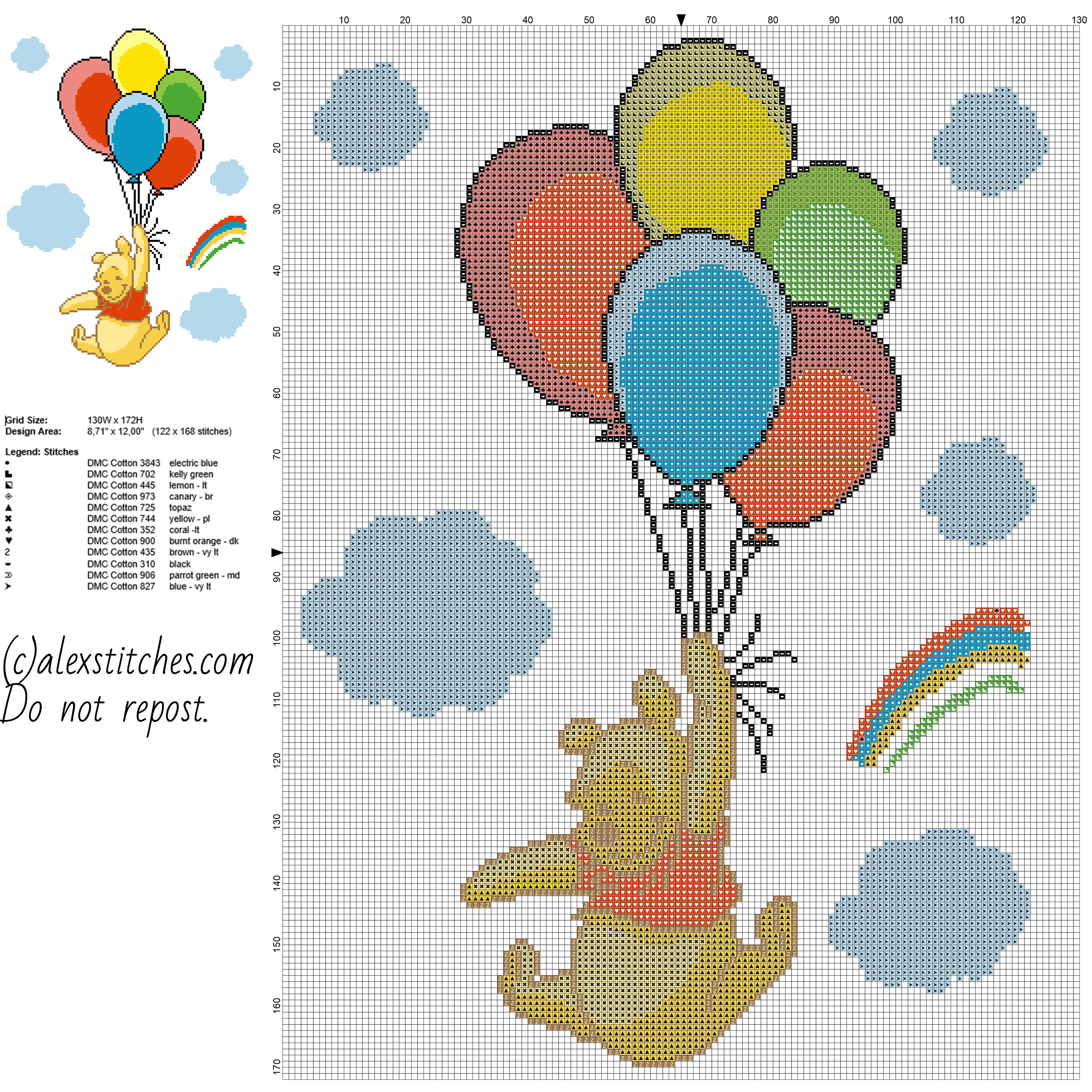 Winnie The Pooh with colored balloons free cross stitch pattern baby blanket idea 122 x 168 stitches 12 DMC threads