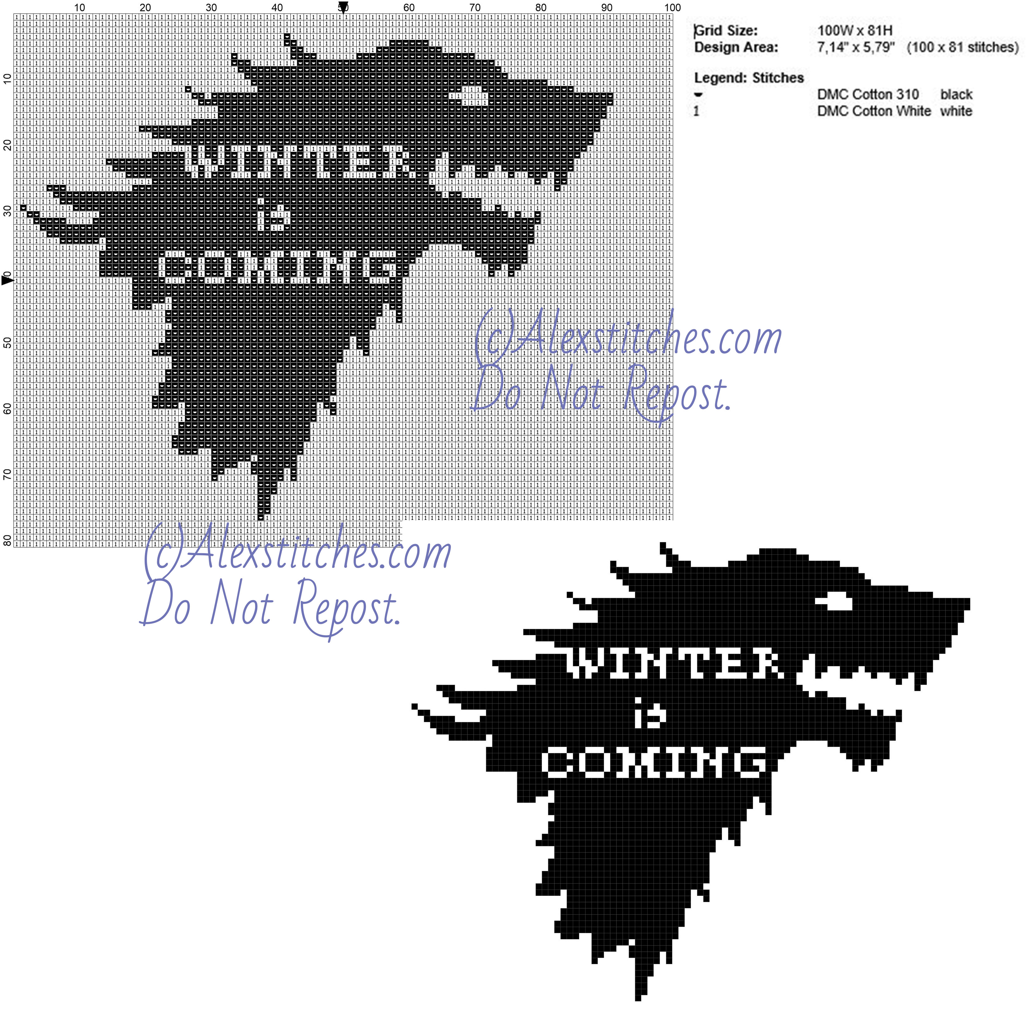 Winter is Coming Game Of Thrones free cross stitch pattern 100x80 2 colors-01