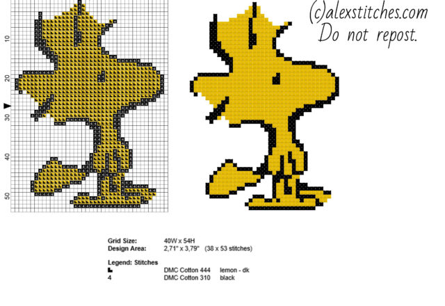 Woodstock Peanuts character free cross stitch pattern