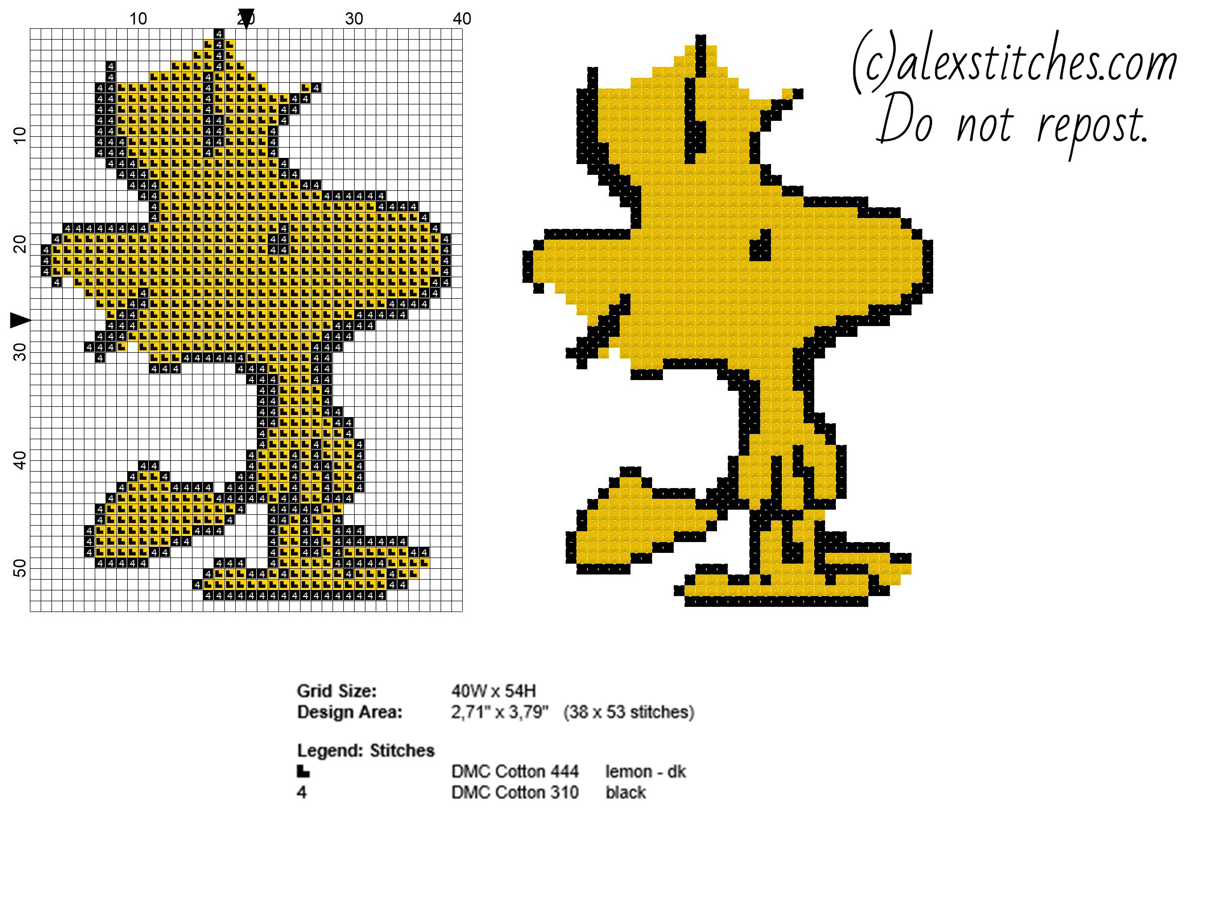 Woodstock Peanuts character free cross stitch pattern