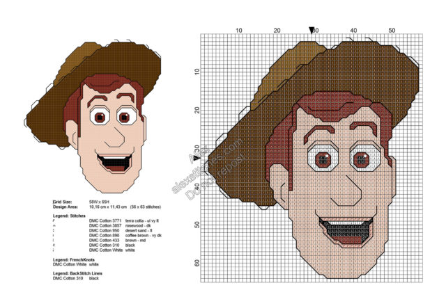 Woody Toy Story character free cross stitch pattern 56x63