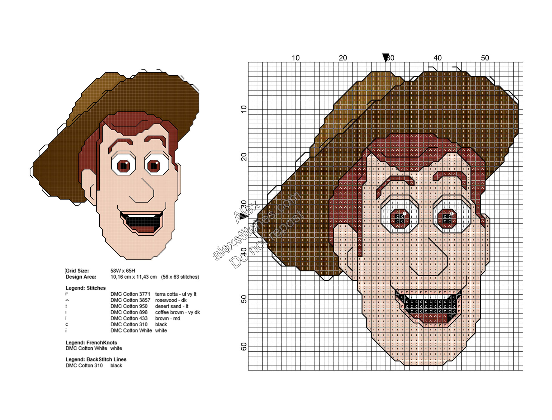 Woody Toy Story character free cross stitch pattern 56x63