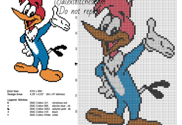 Woody Woodpecker cartoon character free cross stitch pattern 60 x 97 5 DMC colors