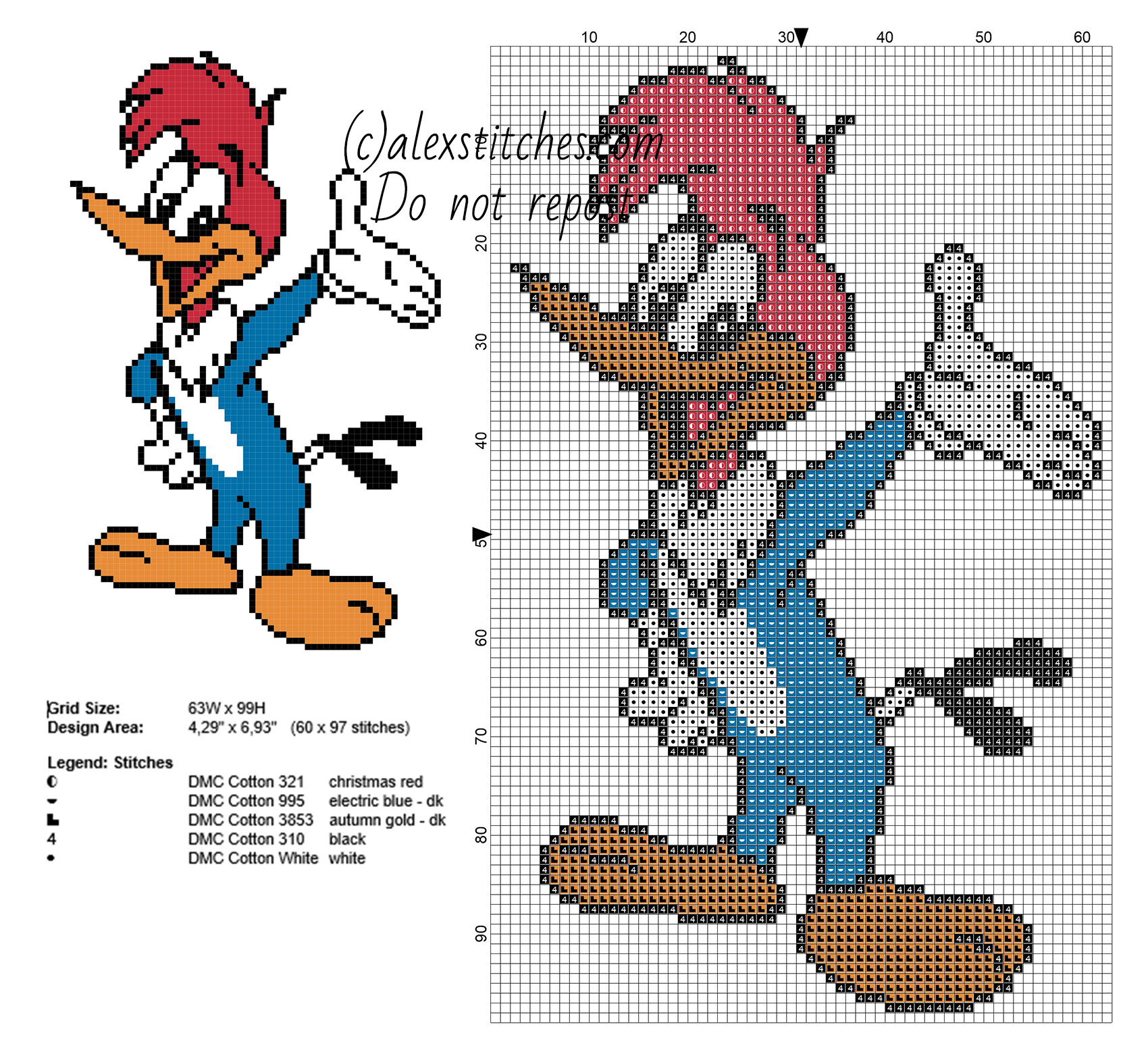 Woody Woodpecker cartoon character free cross stitch pattern 60 x 97 5 DMC colors