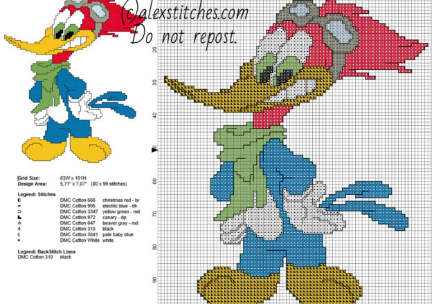 Woody Woodpecker cartoons free cross stitch pattern 80 x 99 stitches 8 DMC threads