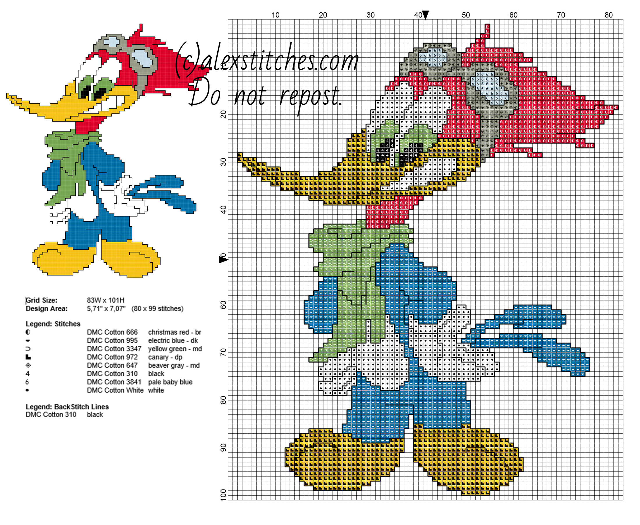 Woody Woodpecker cartoons free cross stitch pattern 80 x 99 stitches 8 DMC threads