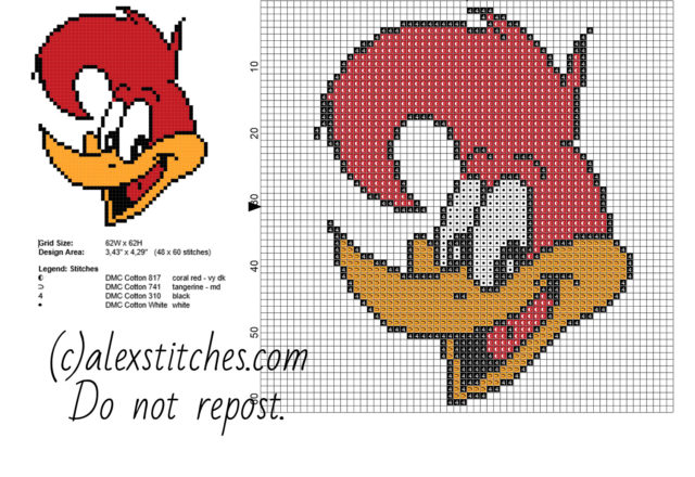 Woody Woodpecker face cartoons small free cross stitch pattern
