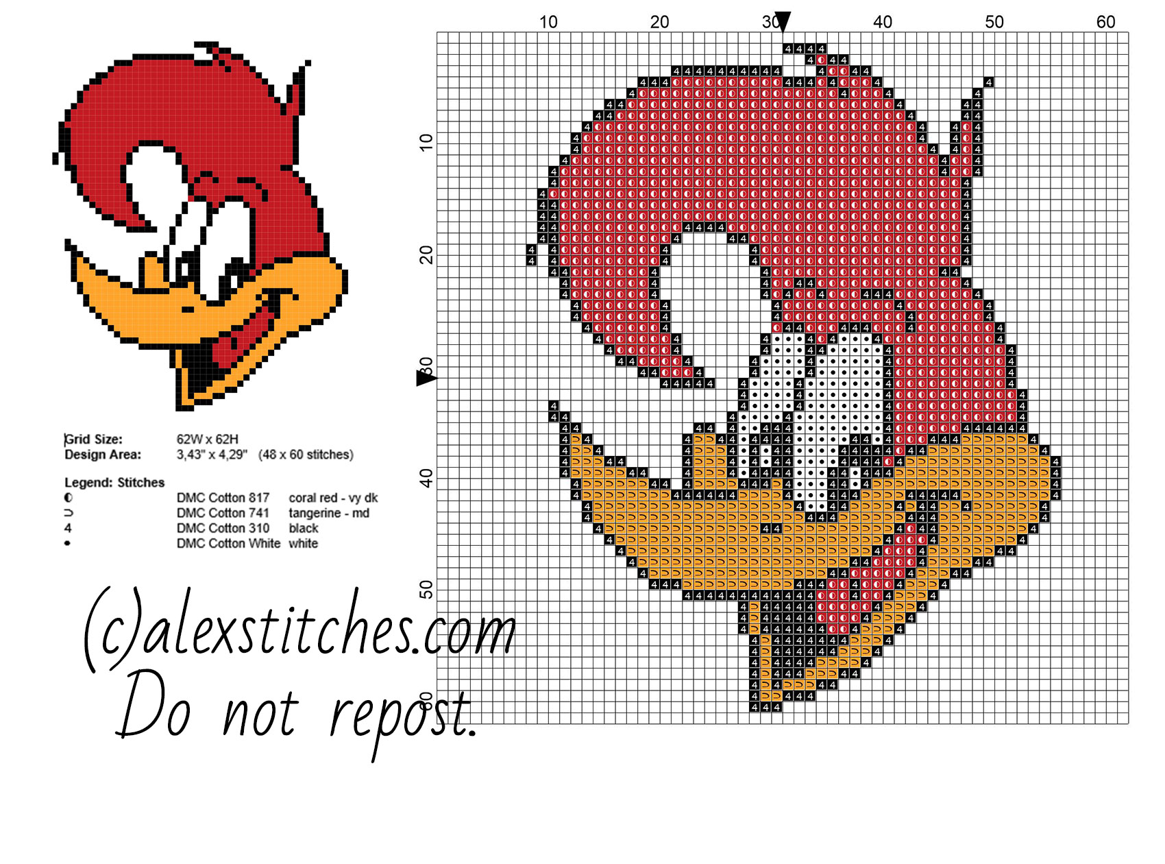 Woody Woodpecker face cartoons small free cross stitch pattern