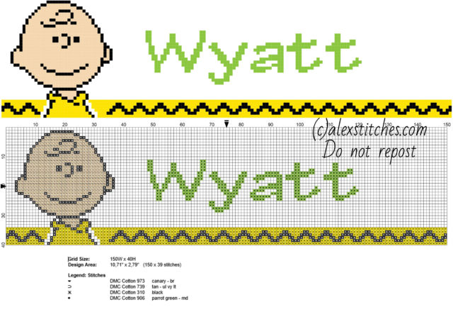 Wyatt cross stitch baby male name with Peanuts Charlie Brown