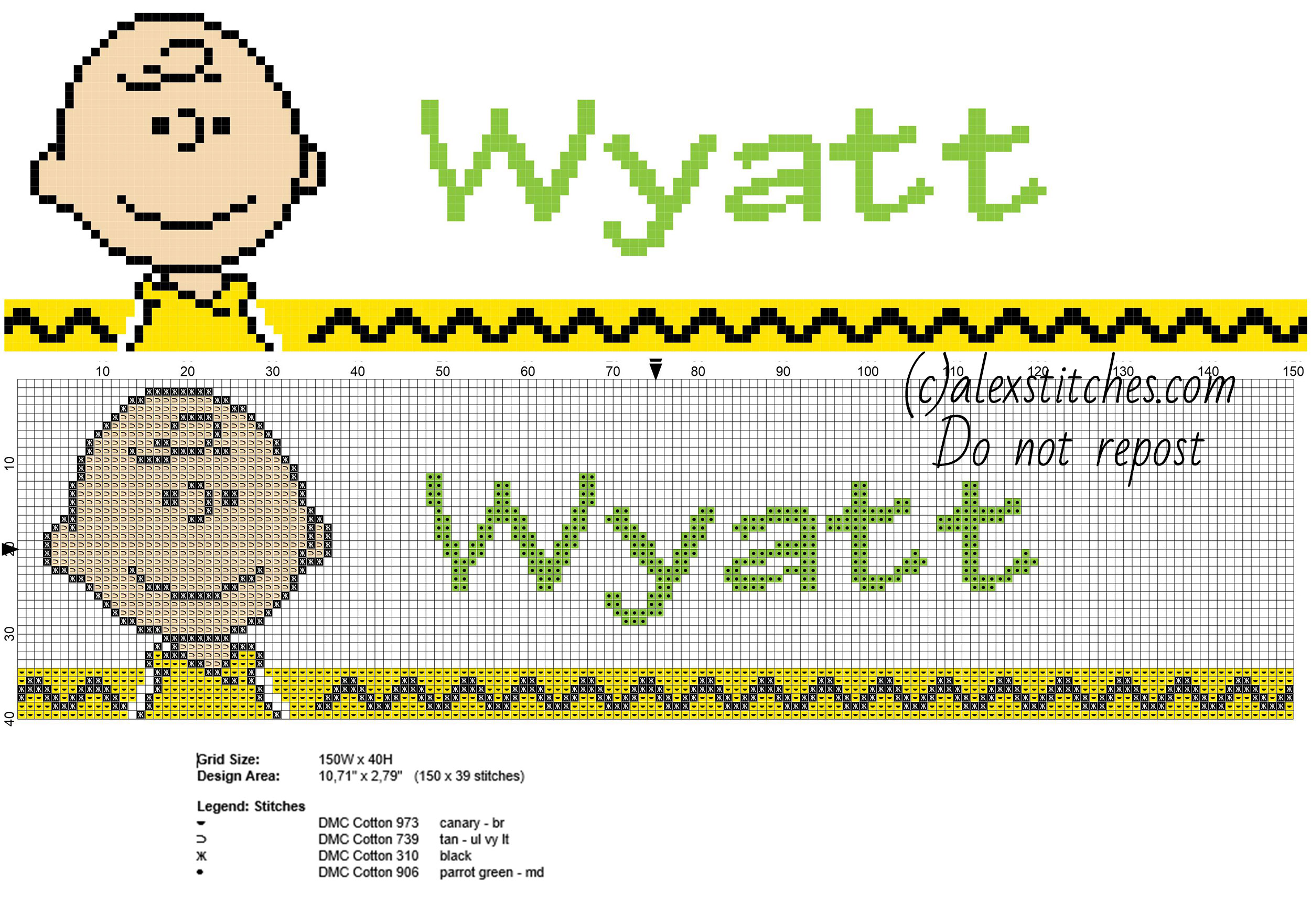 Wyatt cross stitch baby male name with Peanuts Charlie Brown