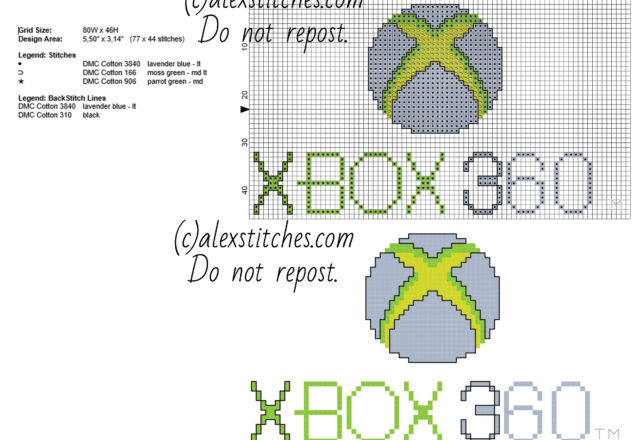 Xbox 360 logo Microsoft videogames console free cross stitch pattern 77 x 44 stitches 4 DMC threads