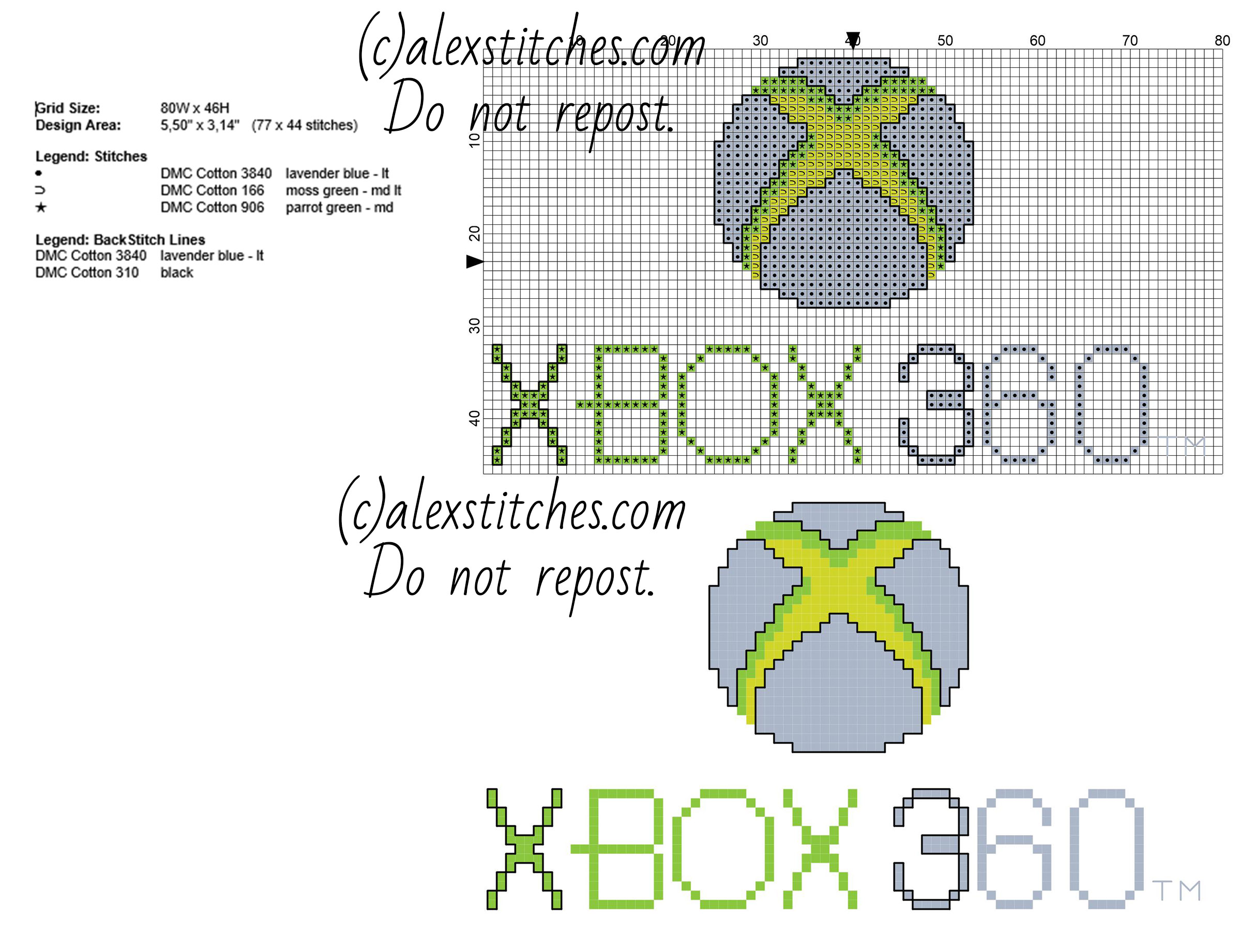 Xbox 360 logo Microsoft videogames console free cross stitch pattern 77 x 44 stitches 4 DMC threads