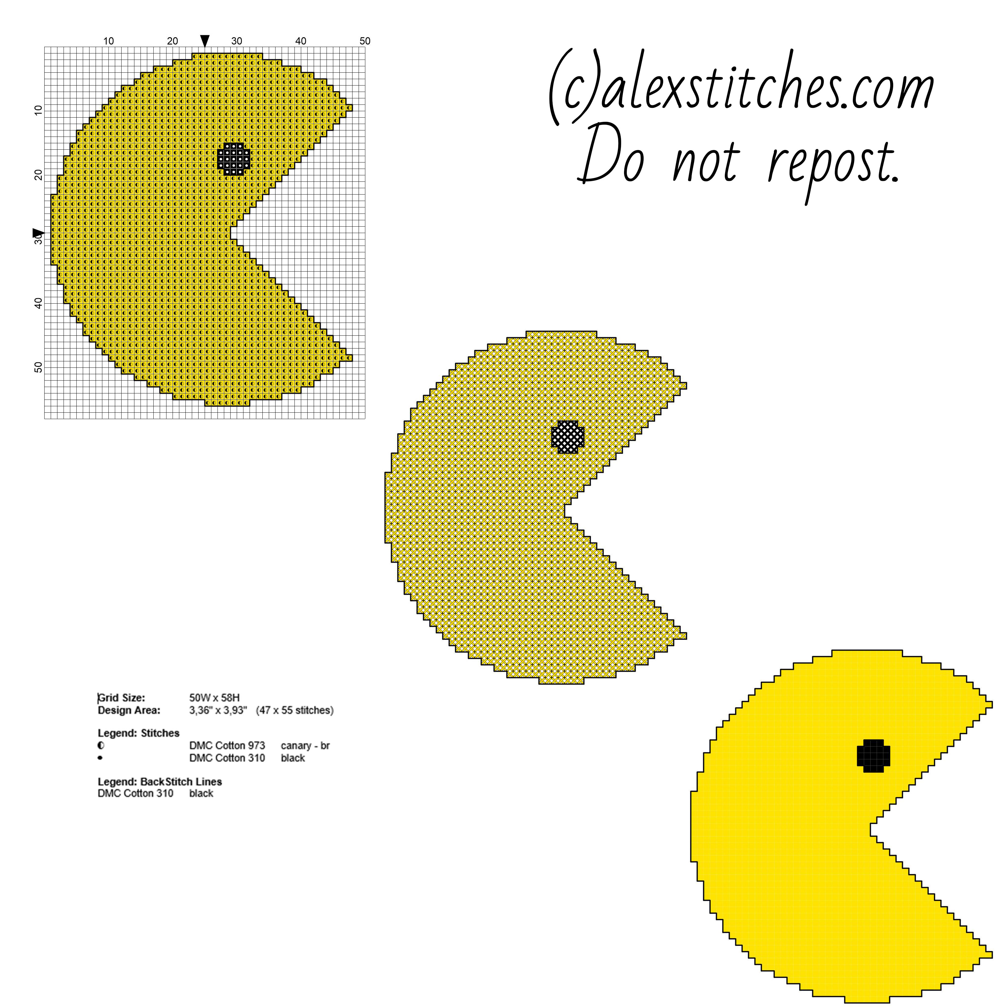 Yellow Pac Man retro character videogames free cross stitch pattern