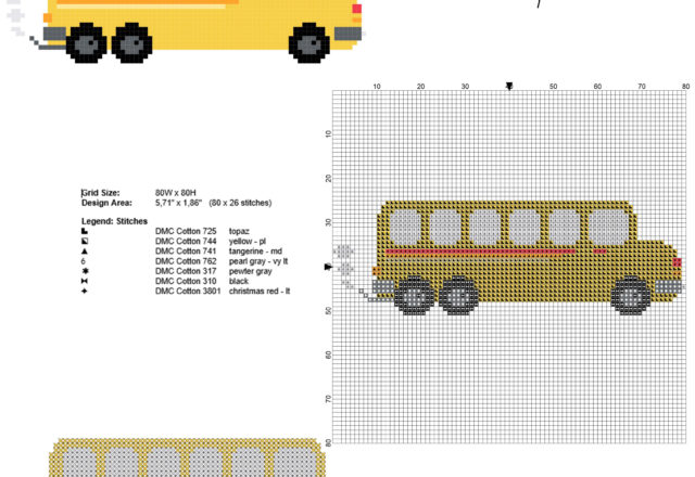 Yellow toy school bus free and small cross stitch pattern 80 x 26 stitches 7 DMC threads