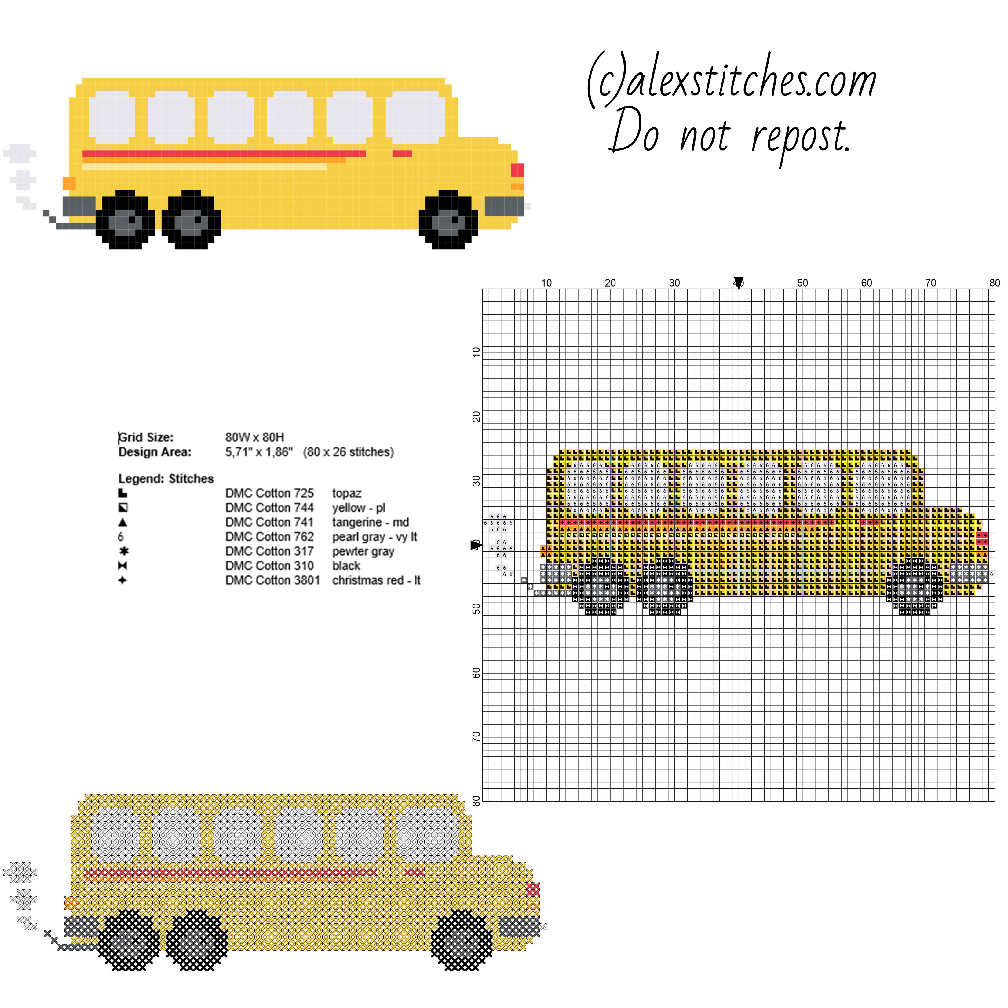 Yellow toy school bus free and small cross stitch pattern 80 x 26 stitches 7 DMC threads