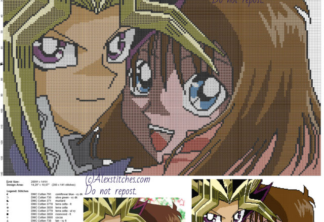 Yu Gi Oh e Tea free cross stitch pattern 200x141 23 colors