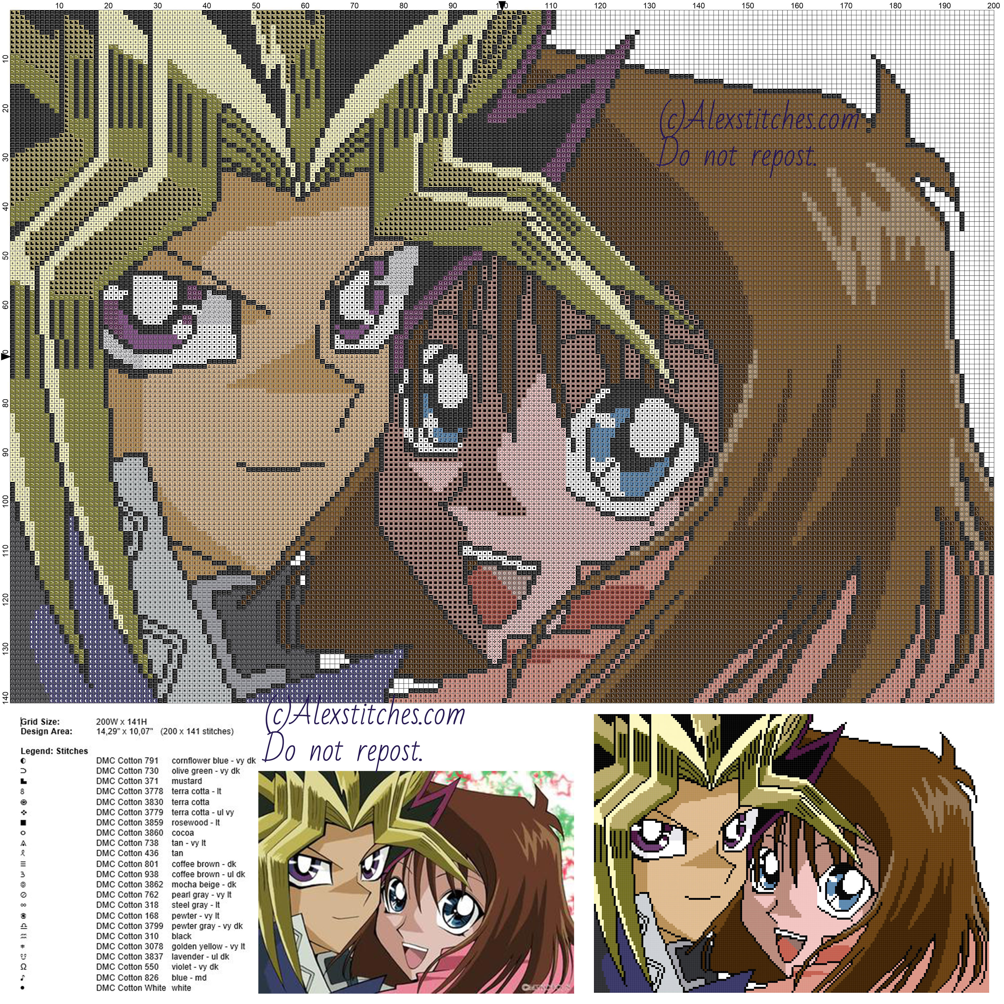 Yu Gi Oh e Tea free cross stitch pattern 200x141 23 colors