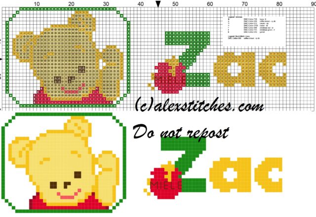 Zac name with Baby winnie the pooh free cross stitches pattern