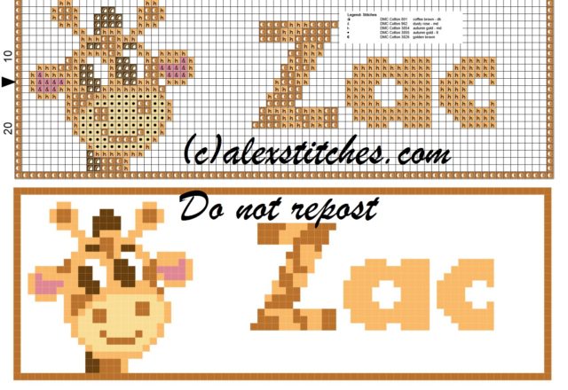 Zac name with giraffe cross stitch pattern