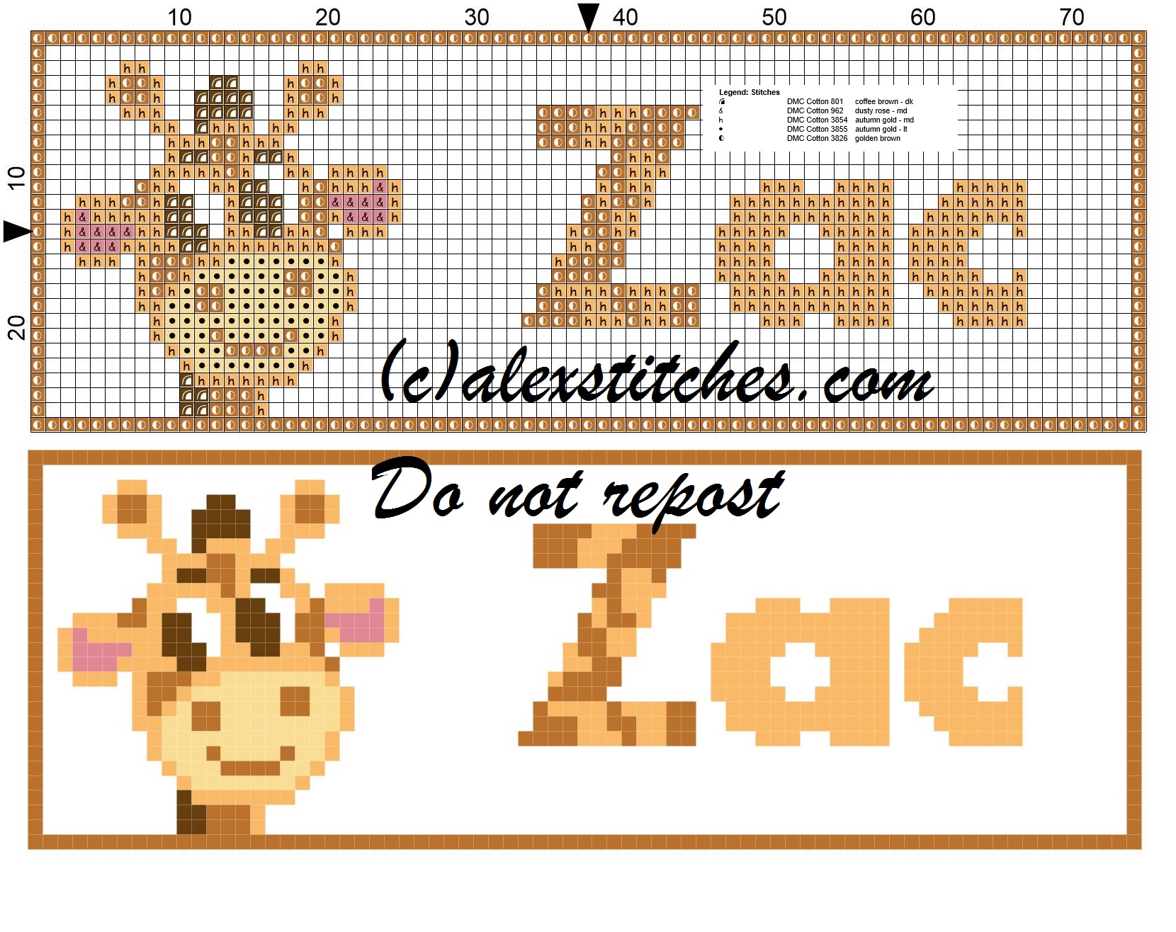 Zac name with giraffe cross stitch pattern