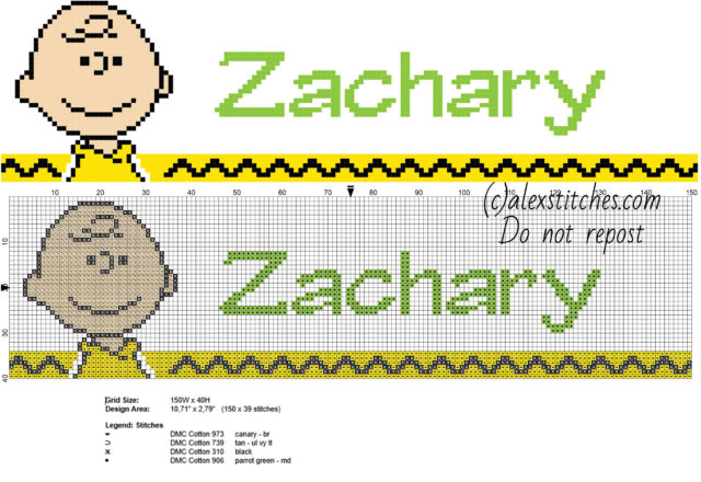 Zachary cross stitch baby male name with Charlie Brown