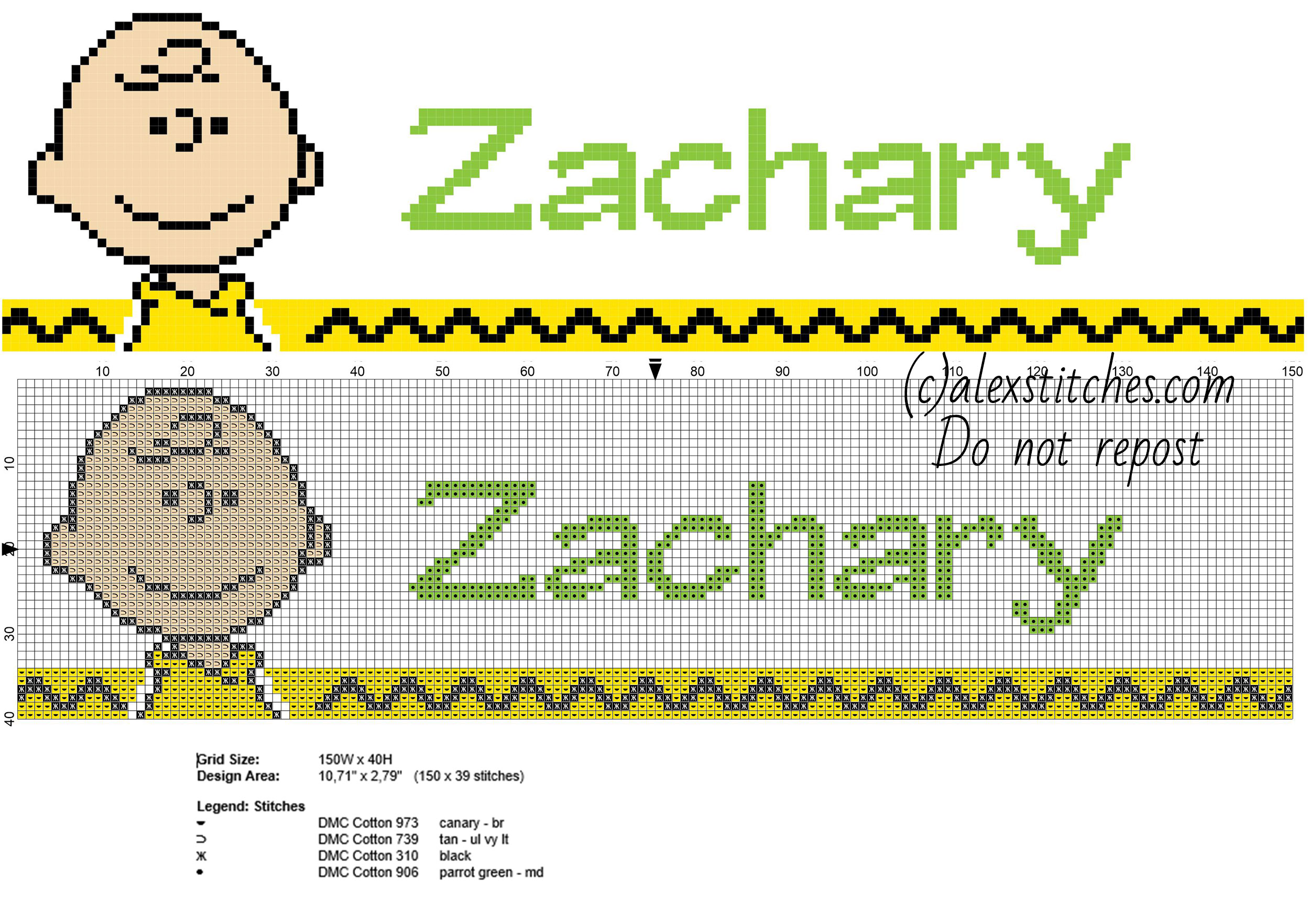 Zachary cross stitch baby male name with Charlie Brown