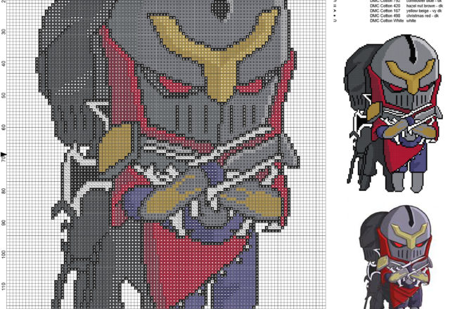 Zed (League of Legends) free cross stitch pattern 100x137 13 colors