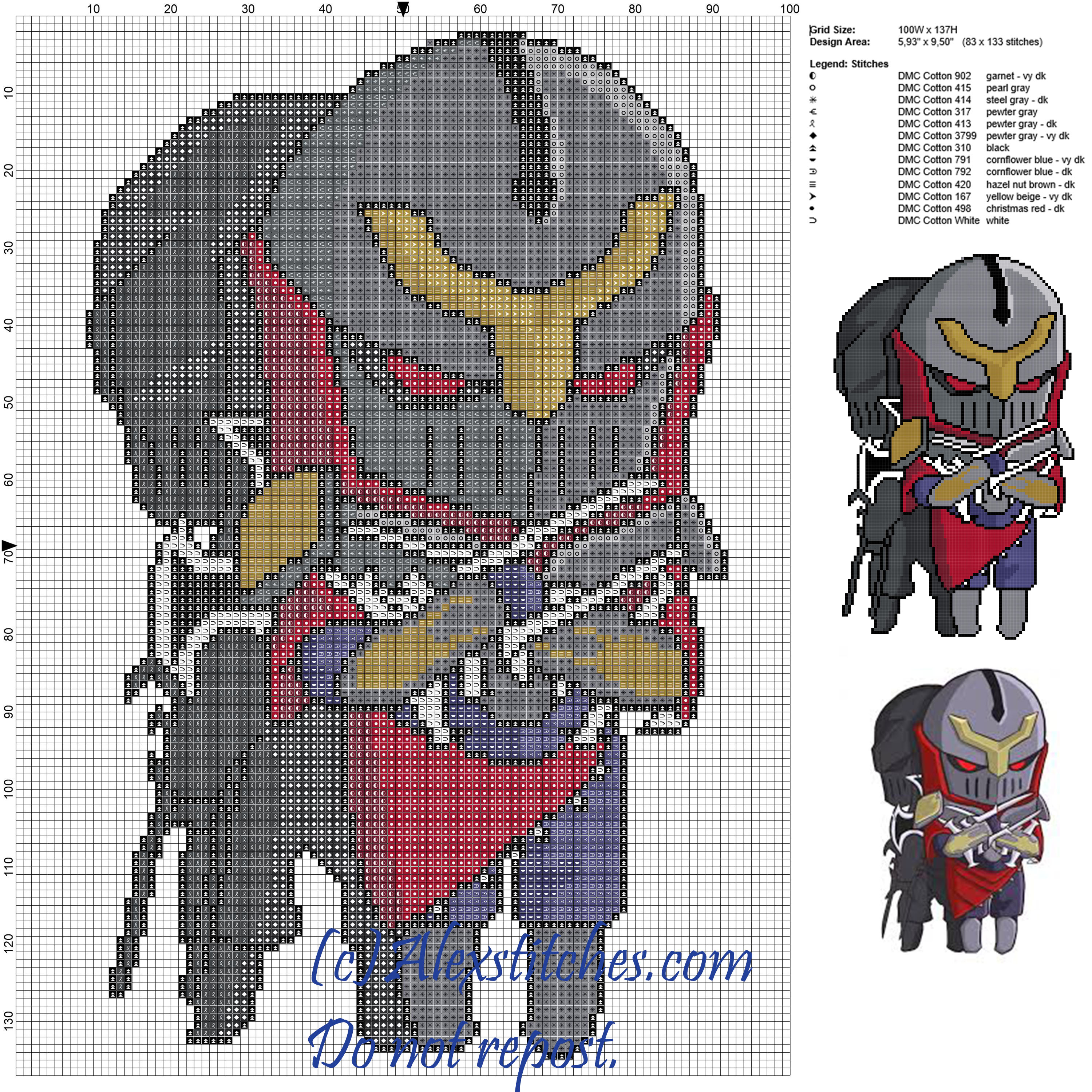 Zed (League of Legends) free cross stitch pattern 100x137 13 colors