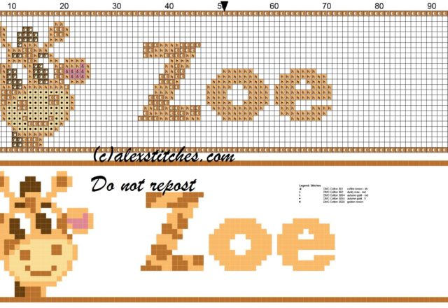 Zoe name with giraffe cross stitch pattern