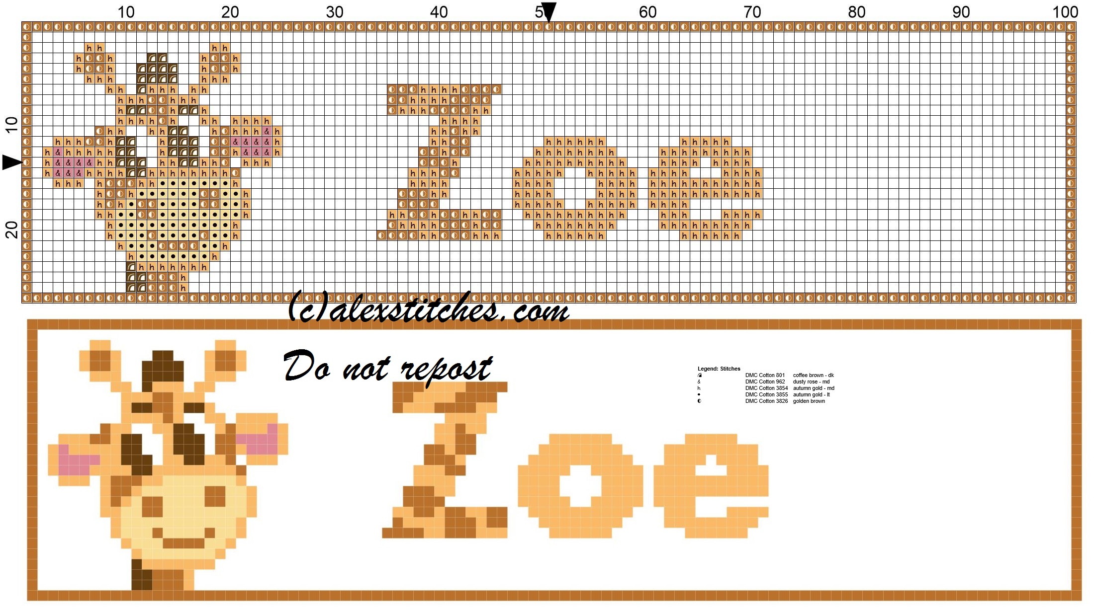 Zoe name with giraffe cross stitch pattern