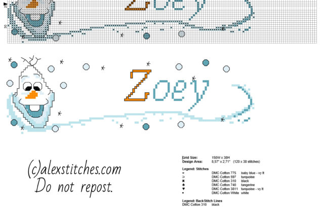 Zoey baby cross stitch pattern name with Olaf from Disney Frozen