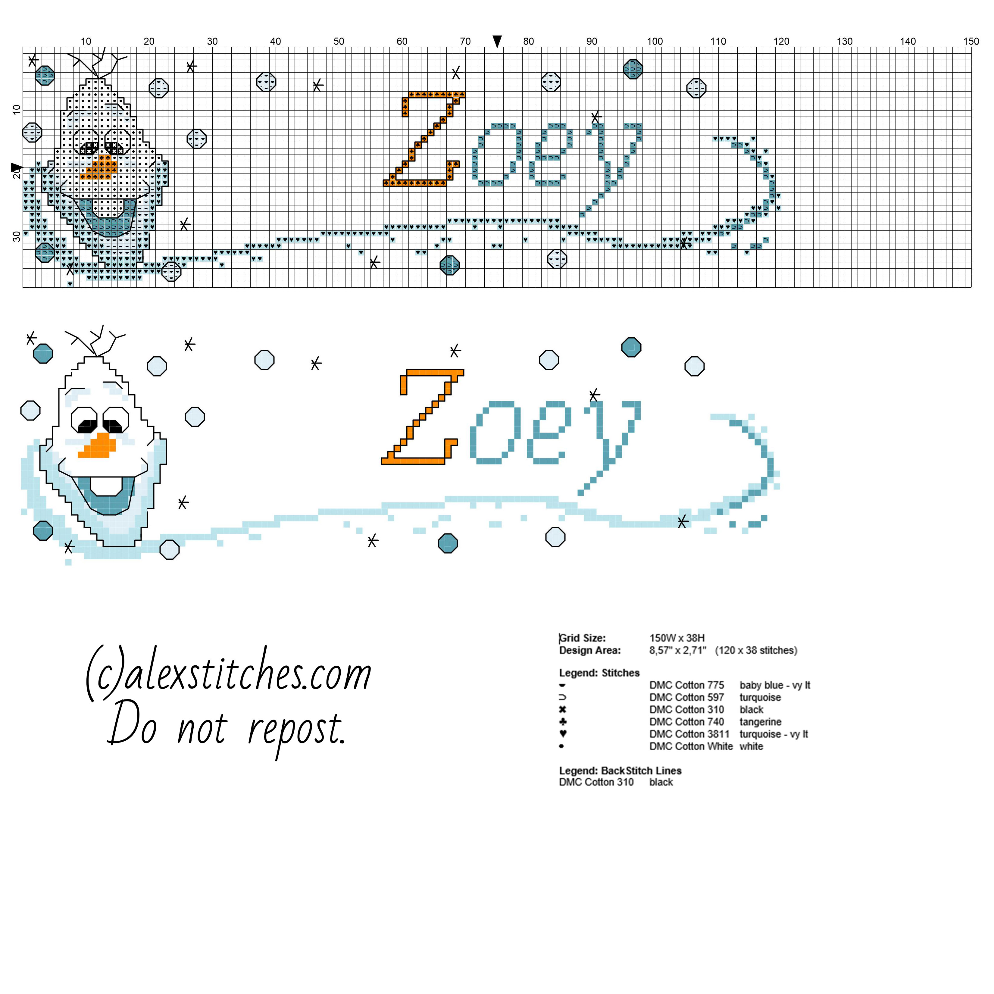 Zoey baby cross stitch pattern name with Olaf from Disney Frozen